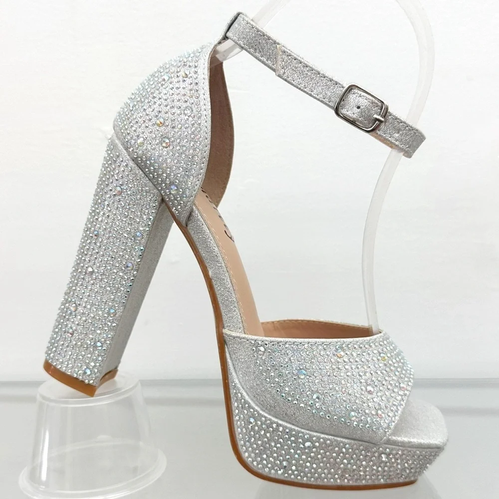 Silver Rhinestones Open Toe Platform Heels